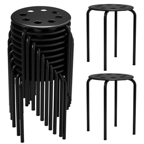 12 Pack Black Plastic Stack Stools - Stackable Stools with Metal Frame, Backless, Round Top for Students, Adults, School, Office, Home
