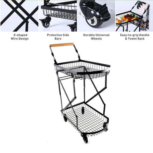 QAVODB Multi Functional Collapsible Carts, 2-Tier Foldable Storage Cart Metal Utility Cart with 360° Rolling Swivel Wheels Folding Kitchen Storage Organzier Cart for Classroom Bedroom Living Room