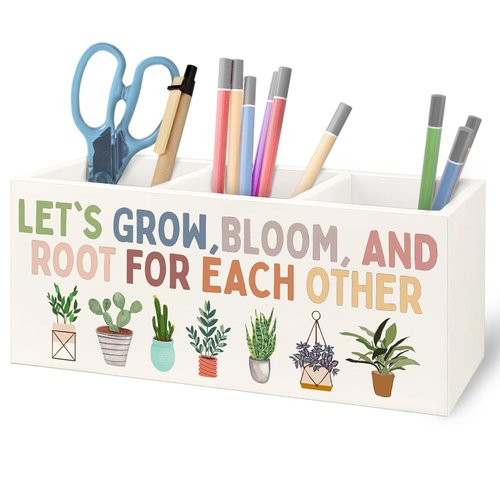 URLLUAE Boho Plant Classroom Wooden Pen Pencil Holder for Office Desk Accessories, Back to School Supplies for Students College Boys Girls Teachers First Day of School, Let's Root for Each Other