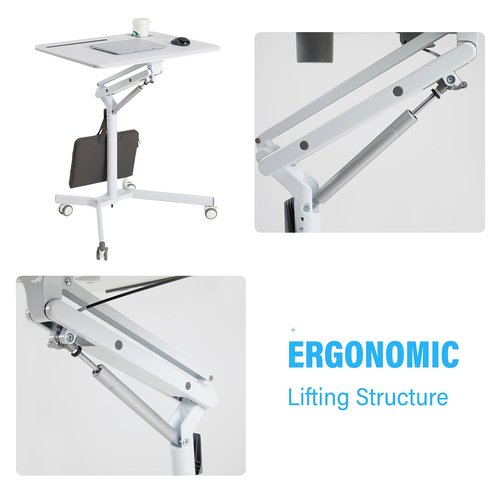 Mobile Sit Stand Desk - Height Adjustable Standing Laptop Desk Cart Rolling Couch Table on Wheels White Workstation with Gas Spring Riser for Home Office Classroom