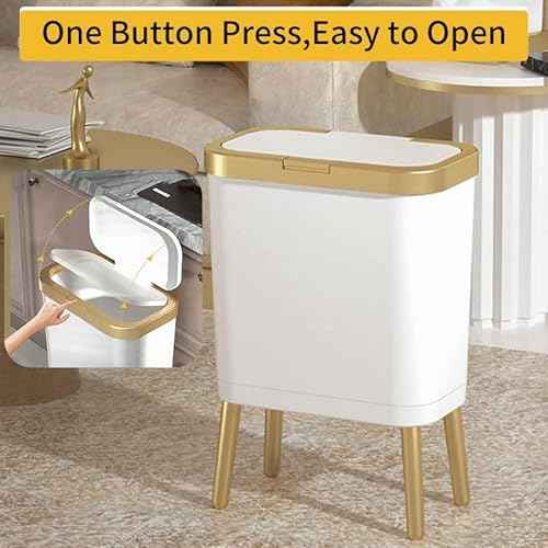 Procade Bathroom Trash Can with Lid, Plastic Garbage Can with Legs, 4 Gallon Gold Trash Bin with Push Button, Narrow White Trash Can Waste Basket for Bedroom, Living Room,Office£¬Dog Proof Trash Bin