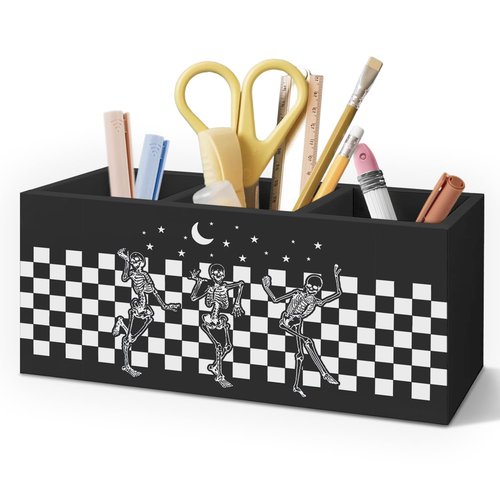 AQYIP Gothic Skeleton Wooden Pen Pencil Holder for Desk Accessories, Witchy Gothic Desk Decor, Funny Skeleton Dancing Checkered Wood Makeup Brush Toothbrush Holder Organizer for Vanity Bathroom