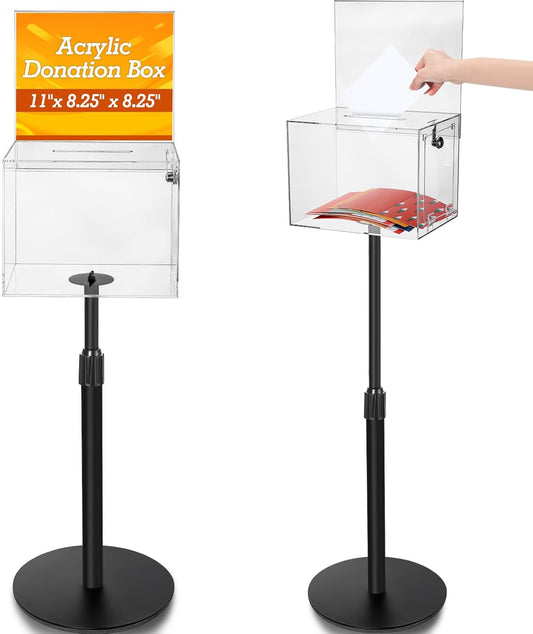 1 Pack Suggestion Donation Box with Lock and Key 11"x 8.25" x 8.25" Acrylic Offering Raffle Box with Stand Slot for Office Charity Church Collection