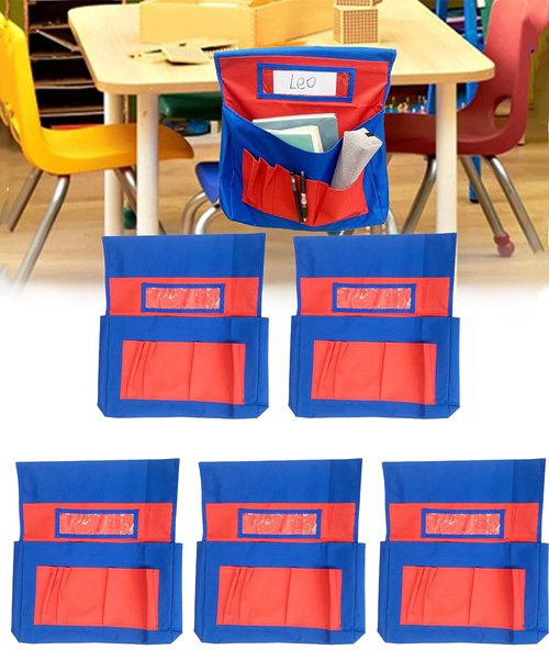 5 Pcs Chairback Buddy Organizer Pockets with Name Tag Slot - Classroom Kids Seat Hanging Storage Bag for Preschool Daycare, With 6 Pockets for Organizing School Supplies ﻿