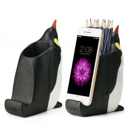 COOLBROS Pen Pencil Holder with Phone Stand, Resin elephant Shaped Pen Container Cell Phone Stand Carving Brush Scissor Holder Desk Organizer Decoration for Office Desk Home Decorative (Penguin)