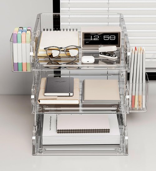 Clear Acrylic Desk Organizer, Multi-Tier Letter Tray with Pen Holder, Office Storage for Documents and Supplies
