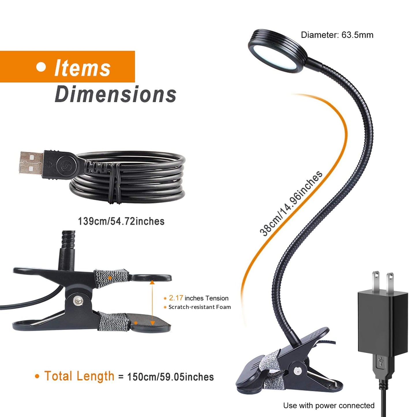 LEPOWER Clip on Light/Reading Lights/Book Light/Desk Lamp Color Changeable/Night Lights Clip on for Desk, Bed Headboard and Computers, Adapter Included (Black) Metal
