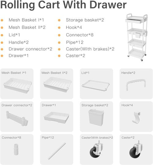 Sorgion 4 Tier Rolling Cart Organizer,Art Craft Diaper Bedside Snack Laundry Room Bathroom Organizer Narrow Thin Slim Rolling Trolley Utility Cart with Wheels for Kitchen,Office(White)