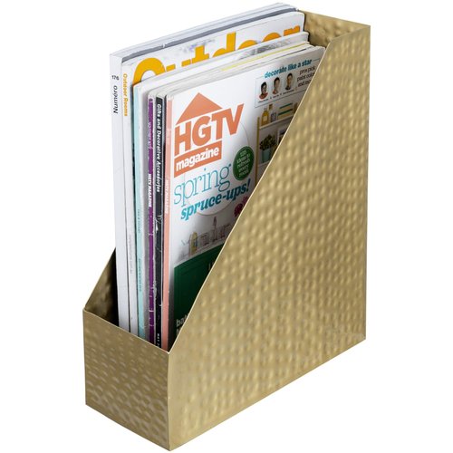 MyGift Vintage Brass Tone Metal Desktop Magazine File Holder Bin with Hammered Texture Design, Office Desk Document Folder Storage Organizer - Handcrafted in India