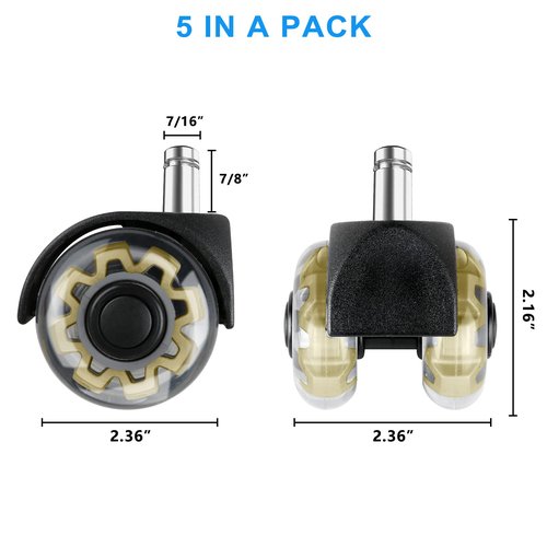 Office Chair casters,2 inch Replacement Desk Chair Wheels,Safe Quiet Rolling for Office Chair(Set of 5),Mute Rubber Rotating Desk Chair Caster Wheels, Safe for All Floors(Gold)