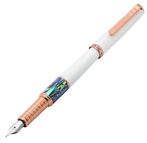 Xezo Speed Master Fountain Pen, Medium Nib. Matte White Color with Pāua Abalone Sea Shell. Rose Gold Plated. Lightweight Brass Body. No Two Alike. Etched With a Serial Number
