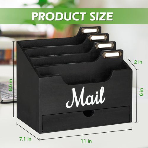 Gumihue Mail Holder with 4 Large Compartments and Drawer, Wood Mail Holder Sorter Holder,Countertop Desk Office Accessories for File Letter Paper Folder, Drawer Storage