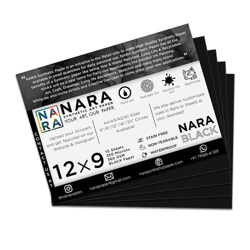 NARA Alcohol Ink Paper | Black | 12 inches x 9 inches (12”x9”) | 350 microns/360 GSM | Medium+ Paper | 10 Sheets | Paper for Alcohol Ink Art Painting | 100% Stain-Free