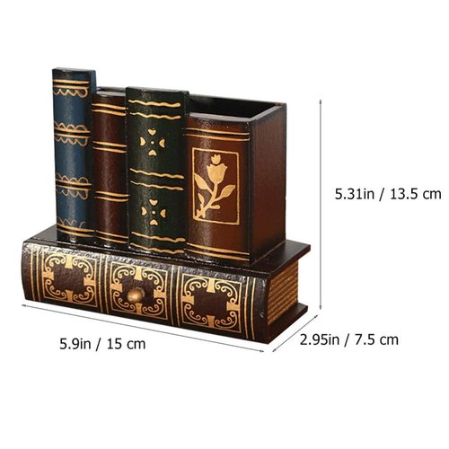 NUOBESTY Retro Pen Cup Holder Book Style Wooden Pencil Organizer Desktop Remote Pen Compartment Stand Home School Office Faux Book Pencil Caddy