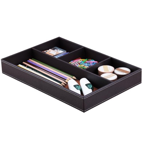 KINGFOM Pu Leather Desk Organizer Tray, 4 Compartment Office Storage Supplies Stationery Drawer Tray, Nightstand Bedside Tray for Key, Wallet, Watch, Coin, Phone Valet Tray Stackable