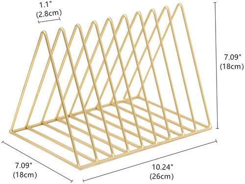 PENGKE File Organizer Triangle Iron Desktop Storage Book Rack Bookshelf Copper Magazine Newspaper Holder Art Desktop Organizer Rack,Gold Pack of 1