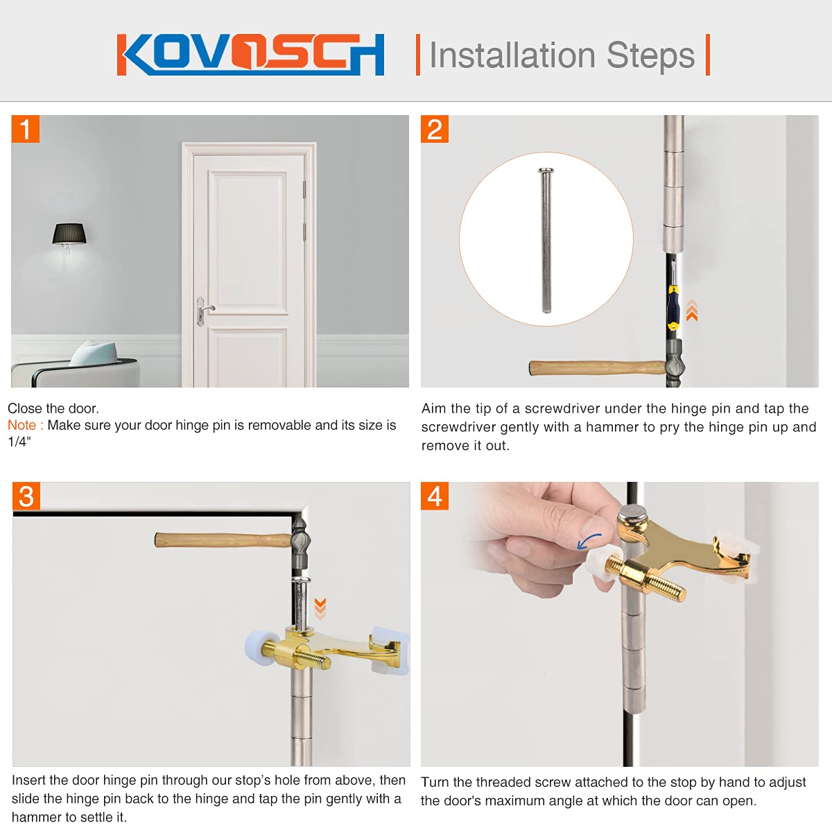 KOVOSCH 2 Pack Hinge Pin Door Stopper Bright Brass - Adjustable Heavy Duty Gold Hinge Pin Door Stop with White Rubber Bumper Tips