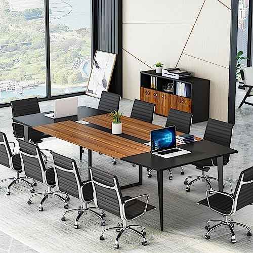 Tribesigns 8FT Conference Table, 94.48L x 47.24W x 29.52H Inches Boat Shaped Meeting Table with Rectangle Grommet, Modern Seminar Boardroom Table for Office Conference Room (8ft, Walnut & Black)