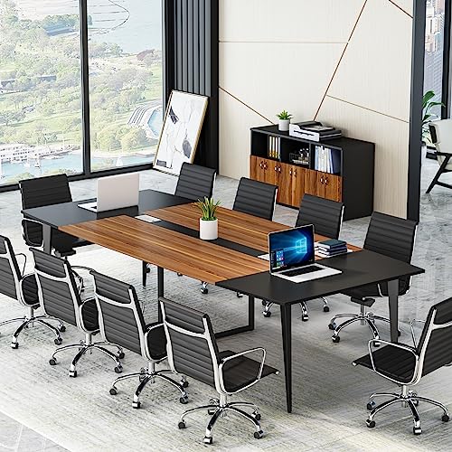 8ft Conference Table Walnut & Black Boat-Shaped Meeting Table with Grommet - Modern Office Furniture