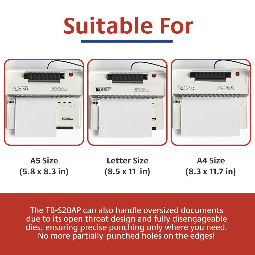 TruBind Coil Binding Machine with Electric Coil Inserter and Foot Pedal | 20 Sheet Punch Capacity | Bind up to 440 Sheets | 46 Fully Disengageable Dies | 4:1 Pitch | 2-Year Warranty