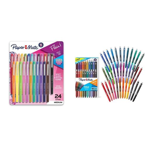 Paper Mate Flair Felt Tip Pens, Medium Point, Limited Edition Candy Pop Pack, 24 count (1979425) & Gel Pens | InkJoy Pens, Medium Point, Assorted, 14 Count