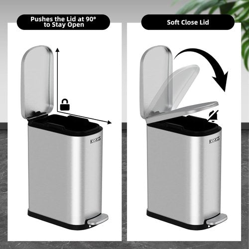 KSSKSS Slim Bathroom Trash Can - 2.6 Gallon Stainless Steel with Soft Close Lid | Removable Liner for Narrow Spaces (Silver)