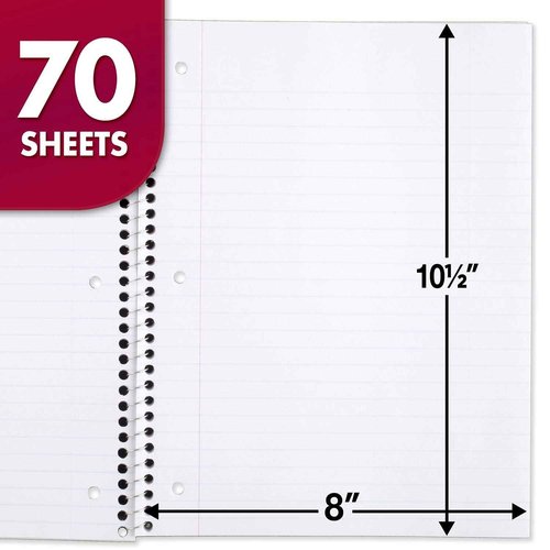 Mead Spiral Notebook, 24 Pack, 1 Subject, Wide Ruled Paper, 7-1/2" x 10-1/2", 70 Sheets per Notebook, Colors Will Vary (930203-ECM25)