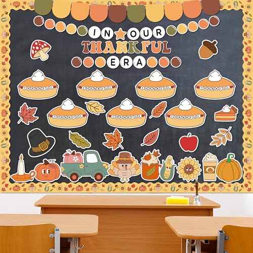 152Pcs Thanksgiving Bulletin Board Decoration Set, in Our Thankful Era Pumpkin Pie Cutouts Kids DIY Photo Craft Fall Border Trims Thanksgiving Classroom Chalkboard Supplies Wall Decor