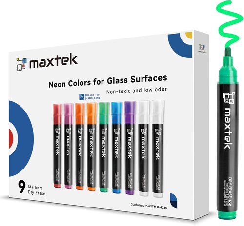 Maxtek Neon Dry Erase Markers - Vibrant Window & Glass Markers | Low Odor, Bullet Tip, 9 Count