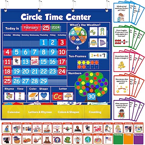 Circle Learning Time Center Pocket Chart Calendar Set, Educational Pocket Chart Learning Shape, Color Classroom Pocket Chart-Number Pocket Chart Wording Rhyme Pictures Pocket Chart