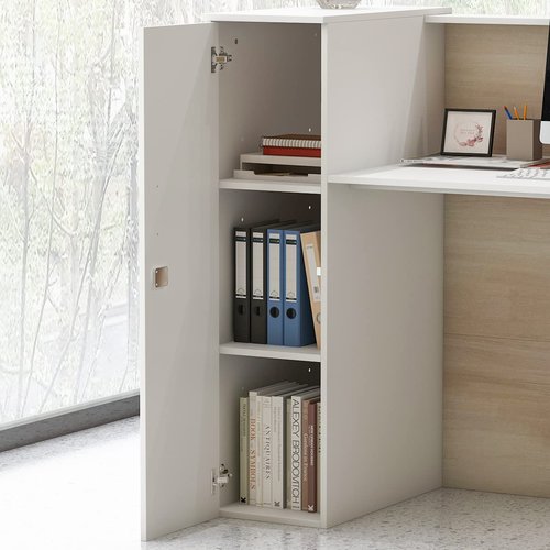 AIEGLE Large Reception Desk with Counter, Retail Counter with Private Lockable Storage & Adjustable Shelves, for Salon Reception Room Checkout Office, Natural and White (70.9" W)