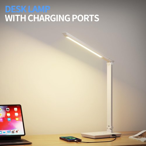 LED Desk Lamp with USB Charging Port, 14W 900LM Dimmable Eye-Caring Reading Desk Light for Stepless Dimming & 5 Lighting Modes, 9 Brightness Touch Control Desk Light for Reading, Office, Crafting