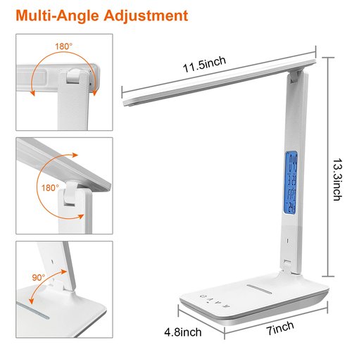snsok Desk Lamp with Wireless Charger, USB Charging Port, Dimmable Office Desk Light with Clock, Alarm, Date, Temperature, Foldable Lamp for Table Bedroom Bedside Office (White)