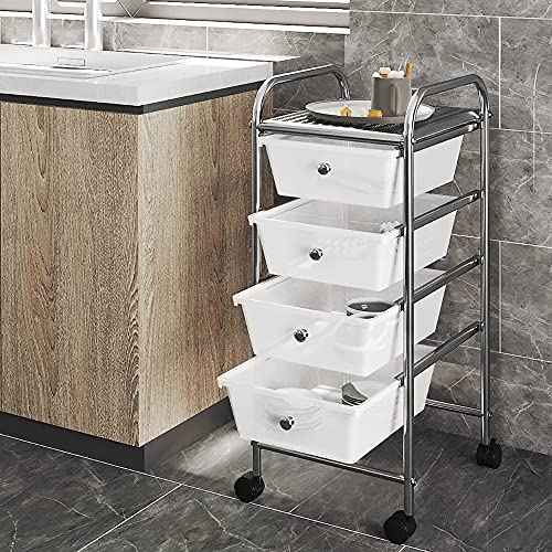 Yaheetech 4 Drawers Rolling Plastic Storage Cart Metal Frame Plastic Drawers Trolley Organizer on Wheels, White