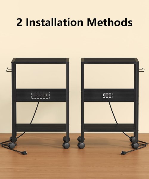 Akxomel 16.5" W Computer Tower Stand with Charging Station and USB Port, 2 Tier Mobile Floor PC Stand Fits Under Desk, Rolling Printer Stand with Hooks, CPU Holder Cart for Carpet, Home Office