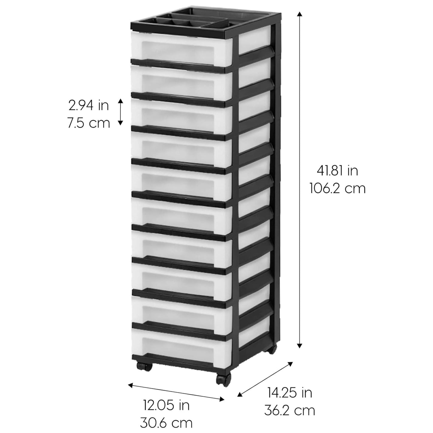 IRIS USA Plastic Drawer Storage Organizer Rolling Cart, 2-Pack, with Wheels Casters, 10-Drawers, for Classroom Art Craft Supplies Dresser Closet Bathroom Laundry Room, Black/Pearl