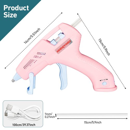 HHDQYMSG Cordless Hot Glue Gun, 20W Hot Glue Gun with 30PCS Premium Glue Sticks & 1m USB-C Cable, 2000mAh Built-in Battery Suitable for School Craft, Home Repair, DIY