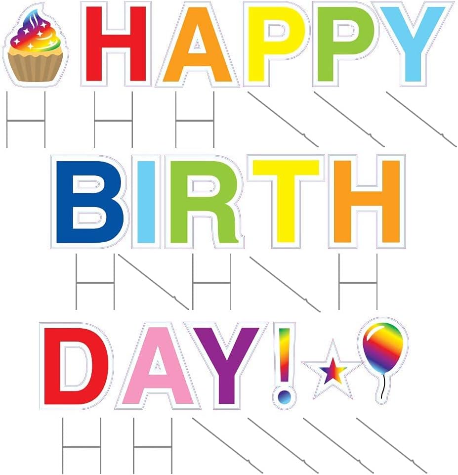 Vispronet Happy Birthday Yard Signs - Vibrant Rainbow Colors - 18-Inch Tall Letters - Weather-Resistant with Bonus Decorations