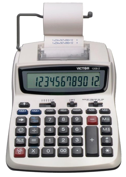 Victor Printing Calculator, 1208-2 Compact and Reliable Adding Machine with 12 Digit LCD Display, Battery or AC Powered, Includes Adapter,White