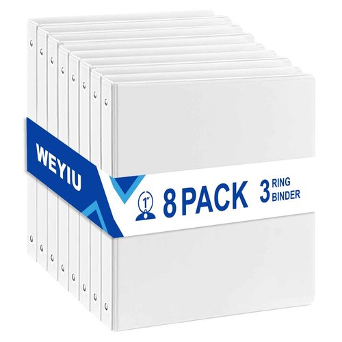 WEYIU 1 inch 3-Ring Binder, 1" Round Ring Binder with 2 Interior Pockets, Holds 8.5'' x 11'' Paper, Clear View Binders for Office, Home, and School Use (White,8-Pack)