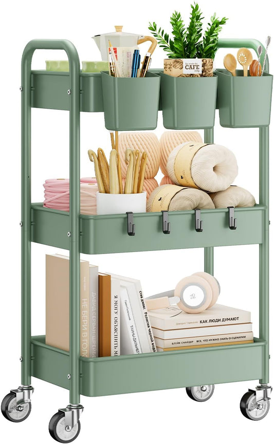 YASONIC 3-Tier Rolling Cart - Green Mesh Storage Organizer with Lockable Wheels & Hooks | 66 lbs Capacity