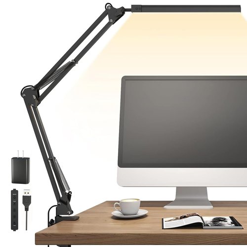 TROPICALTREE LED Desk Lamp for Home Office, Clamp-On with 5 Light Modes & Auto Shut Off | 14W Adjustable Brightness 5000K Eye-Caring Lighting for Study/Bedroom/Computer Desk