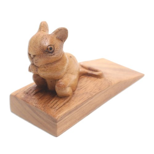 NOVICA Brown Hand Carved Suar Wood Mouse Door Stopper, 'Charming Mouse In Brown'