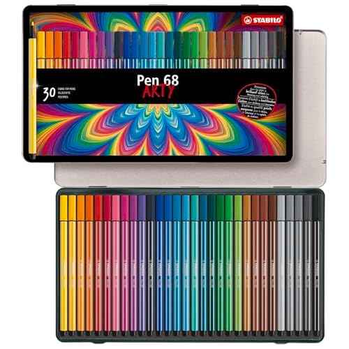 STABILO Premium Fiber-Tip Pen Pen 68 - Tin of 30 - Assorted Colors, Coloring Felt Tip Marker, Fine Point, 1mm Tip