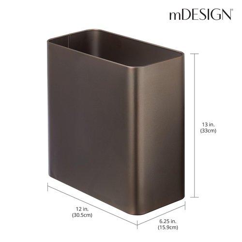 mDesign Stainless Steel Slim Rectangular Modern Metal 2.6 Gallon Trash Can Wastebasket, Bronze