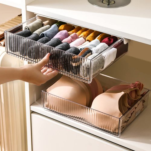 2Pcs Under Desk Storage Drawers, Large & Medium, Stick On, Hidden Under Table, Organizer for Home Office & School - Clear White