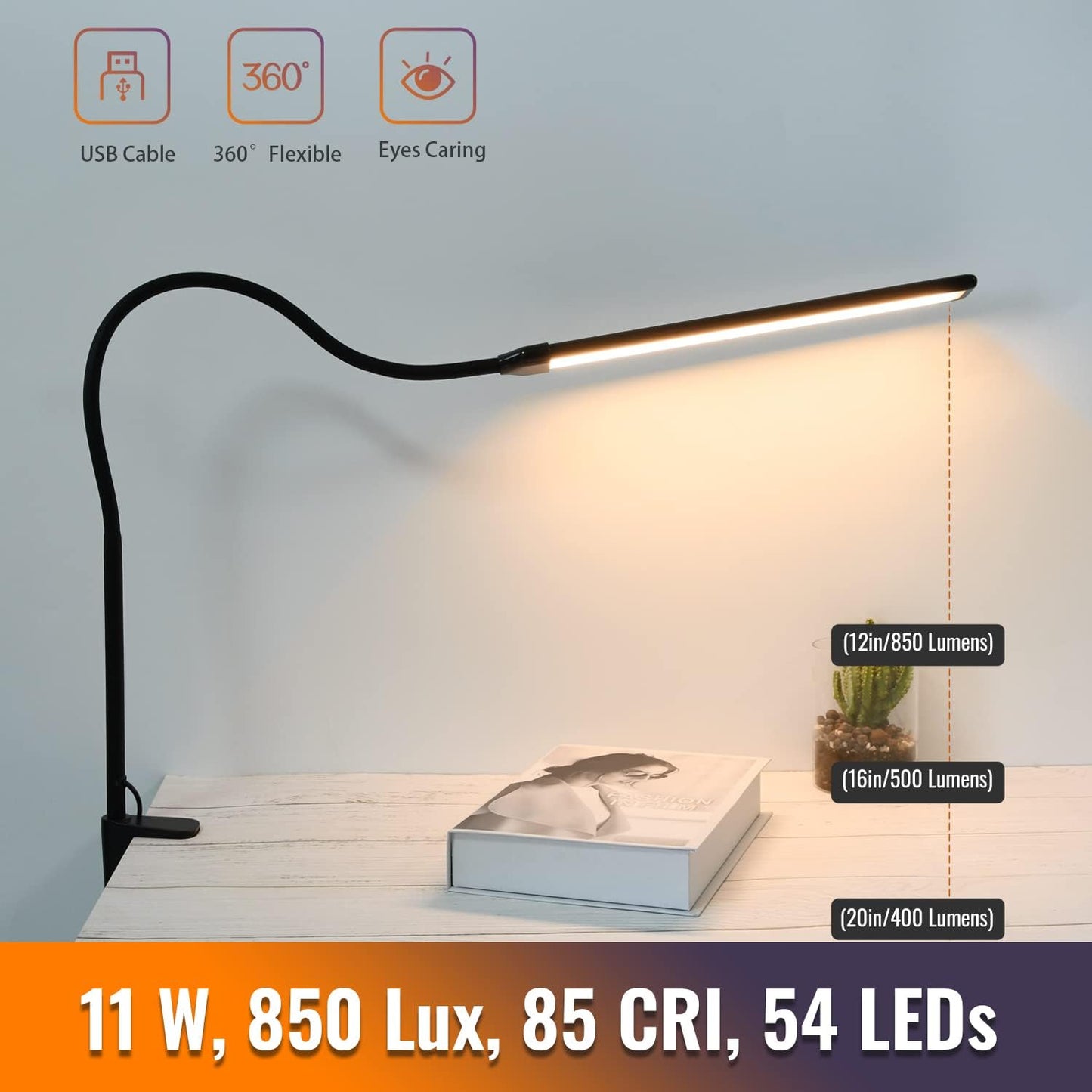 Skiennix LED Desk Lamp - Eye-Caring Clamp Light with 3 Color Modes & 10 Brightness Levels | 11W, 850 LMS