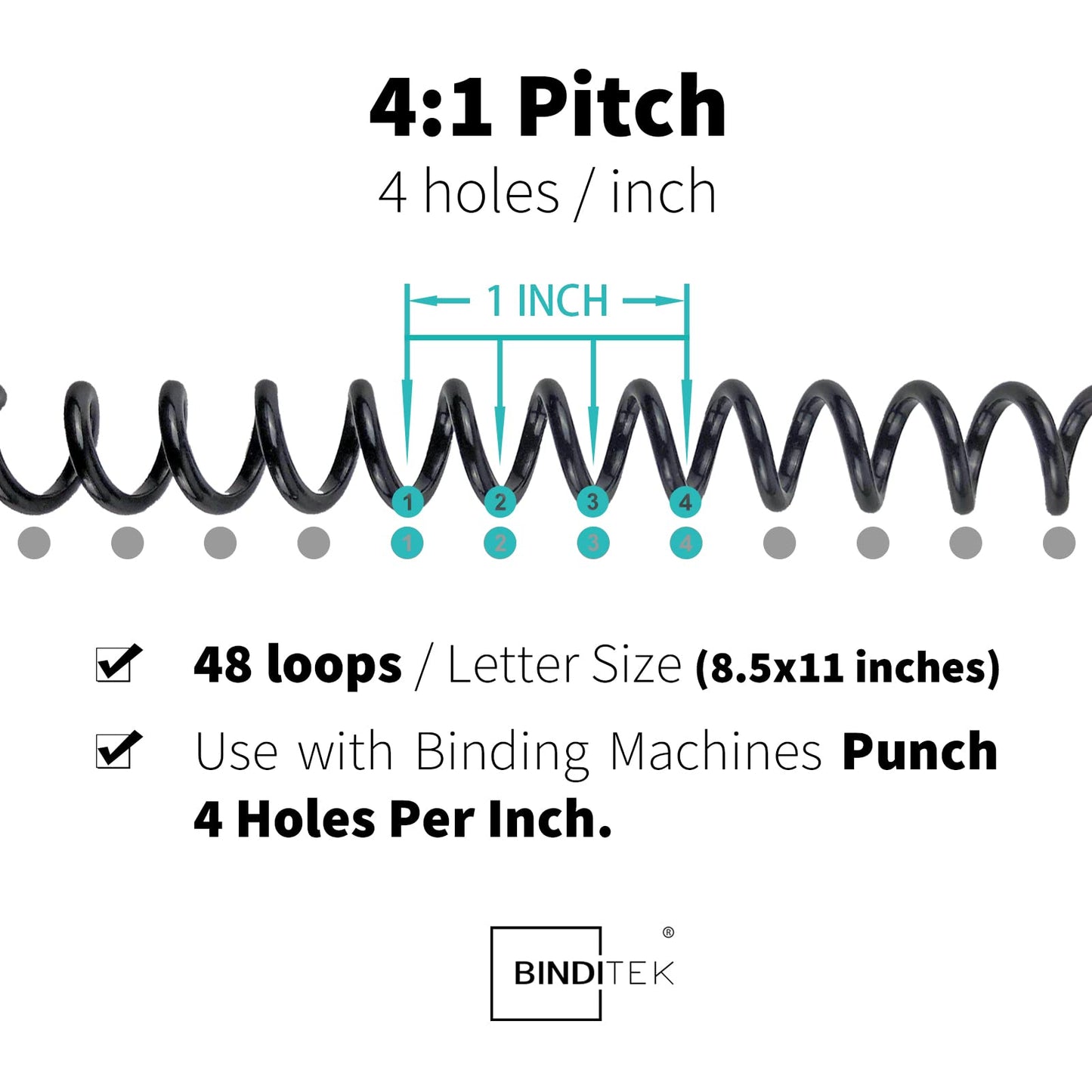 Binditek 200 Pack Plastic Spiral Binding Coils, 6mm(1/4"), 30 Sheet Capacity, 4:1 Pitch, Black, 48Loops, for Letter Size, for Students and Coworkers