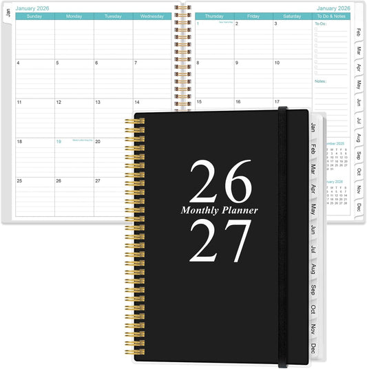 2026-2027 Monthly Planner | 18-Month Calendar with Tabs, 9" x 11", Strong Twin-Wire Binding, Black