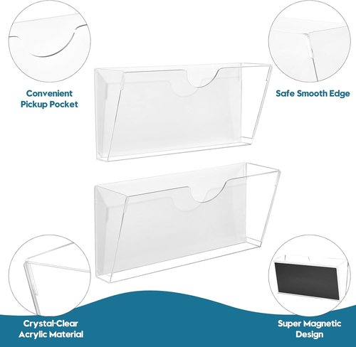 Qozary Clear Acrylic Magnetic File Holder - 2 Pack Magazine Rack for Office & Home Organization